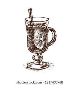 Alcoholic beverage. Alcoholic drink of mulled wine with hot red wine, cinnamon, lemon. Vector illustration isolated on white background, in style of engraving.