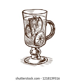Alcoholic beverage. Alcoholic drink of mulled wine with hot red wine, cinnamon, lemon. Vector illustration isolated on white background, in style of engraving.