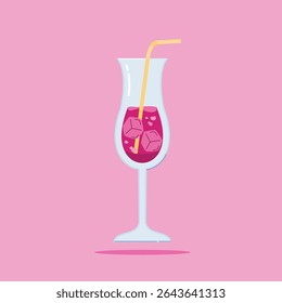 alcoholic beverage in Hurricane Glass. Summer appetizer decorated with straw. Illustration of soft and alcoholic beverages.