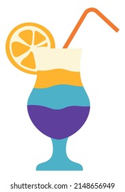 Alcoholic beverage with layers, an isolated icon of cocktail with decorative straw and slice of lemon or orange citrus. Tropical relaxation and tasty drinks. Vector in flat style illustration