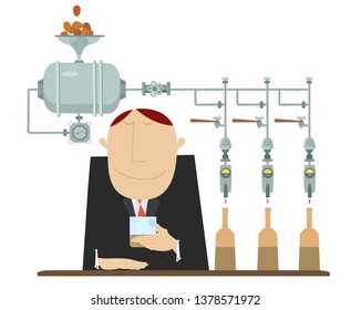 Alcoholic beverage manufacture and taster man illustration. Distillery and the man holds a glass in the hand and tastes   alcoholic beverage isolated on white illustration
