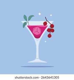 alcoholic beverage in Martini Glass. Summer appetizer decorated with mint leaves and berries. Illustration of soft and alcoholic beverages.