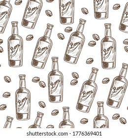 Alcoholic beverage and pistachio, seamless pattern of snacks and drinks. Bottle of beer, oktoberfest traditional celebration. Alcohol and appetizer, monochrome sketch outline, vector in flat style