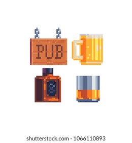 Alcoholic beverage pixel art icon set bottle brandy, cognac, glass of whiskey, mug of beer. Wooden signboard pub. isolated vector illustration. Design logo, mobile app, sticker. 8-bit.