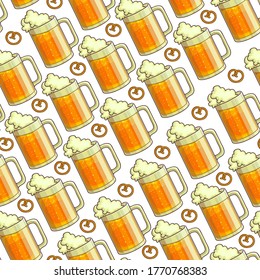 Alcoholic beverage poured in glass, foamy beer seamless pattern. Drink with crispy snack, oktoberfest celebration. Pub or bar print for menu. Pale ale or lager, alcohol and food vector in flat style