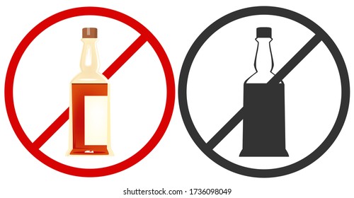 Alcoholic beverage prohibition icon. Black white and color cartoon icon, bottle in red circle.