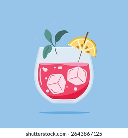 alcoholic beverage in Red Wine Glass. Summer appetizer decorated with mint leaves and orange. Illustration of soft and alcoholic beverages.