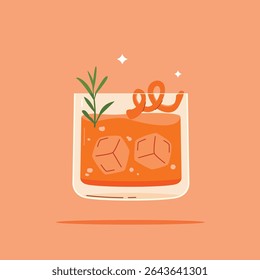 alcoholic beverage in a rock glass. Summer appetizer garnished with rosemary leaves and orange slices. Illustration of soft and alcoholic beverages.