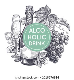 Alcoholic beverage and snack. Decoration with bottles of champagne, grapes, glass with drink, ice slices, cheese, mint and lemon.Vintage hand drawing.  Black on white background. Vector illustration.