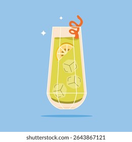 alcoholic beverage in a tall glass. A refreshing summer appetizer garnished with mint leaves and orange