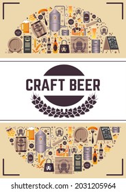 Alcoholic beverage with unique taste, craft beer made in brewery. Poster or promo banner with equipments and containers, ingredients and product of distillery. Vector in flat style illustration