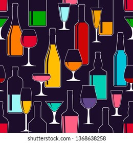 alcoholic beverages, bottles and wine glasses on dark background. vector illustration. seamless pattern, background, backdrop, texture for packaging or design.