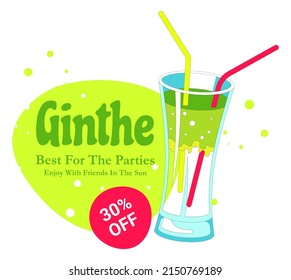 Alcoholic beverages and cocktails, isolated banner advertisement of 30 percent reduction of price for ginthe. Gin or absinthe, restaurant or bar menu with special offers. Vector in flat style