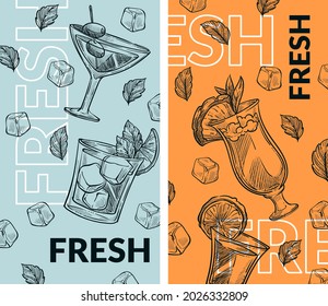 Bebidas alcohólicas y cócteles con rodajas de frutas, cubos de hielo y hojas frescas de menta. Lemonade o tónico sabroso. Menú cafetería o restaurante, pancarta publicitaria o afiche. Vector de estilo plano