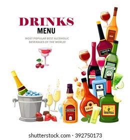 Alcoholic beverages colorful composition for restaurant bar drinks menu flat poster print with tequila shot vector illustration