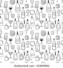 Alcoholic beverages drawing doodle background seamless repeat pattern