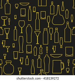 "Alcoholic beverages" icon pattern. Line images and/or silhouettes of bottles and glasses for drinks.