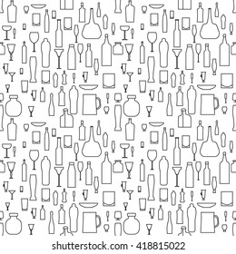 "Alcoholic beverages" icon pattern. Line images and/or silhouettes of bottles and glasses for drinks.