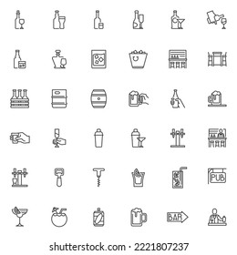 Alcoholic Beverages Line Icons Set. Pub Linear Style Symbols Collection, Outline Signs Pack. Bar Drinks Vector Graphics. Set Includes Icons As Bartender, Bar Counter, Wine Bottle, Beer Tap, Vodka Shot