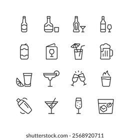 Alcoholic Beverages, linear style icon set. Drinks and bar essentials. Bottles, glasses, cocktails, and celebratory toasts. For bars, menus, and festive themes. Editable stroke width