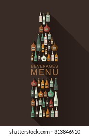 Alcoholic beverages menu. Bottles of alcoholic beverages in bottle shape. Vector flat illustration