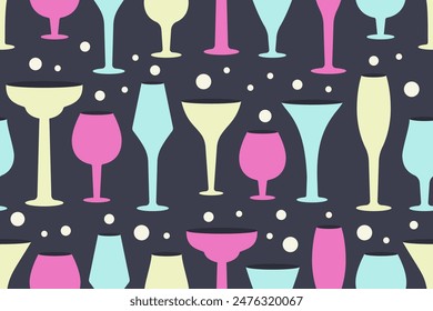 Alcoholic beverages. Modern Glasses seamless pattern. Color Silhouettes of Alcoholic cocktails different form. Futuristic minimalist design. Wineglasses, champagne with bubbles. Vector illustration