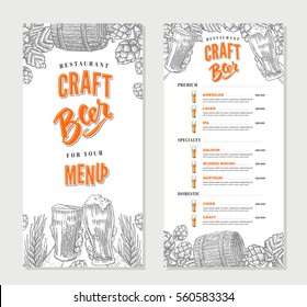 Alcoholic beverages restaurant menu template with different sorts of beer in engraving style vector illustration