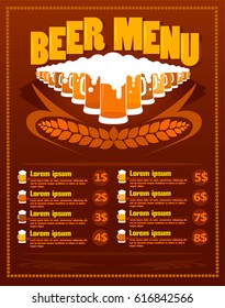 Alcoholic beverages restaurant menu template with different sorts of beer vector illustration