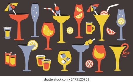 Alcoholic beverages set. Glassware for champagne, wine, brandy, whiskey, cognac, gin, tequila. Alcoholic Cocktail in  retro style. Hand drawn glasses of different shapes, sizes, colors. Vector