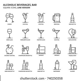 Alcoholic beverages, square icon set. The illustrations are a vector, editable stroke, thirty-two by thirty-two matrix grid, pixel perfect files. Crafted with precision and eye for quality.