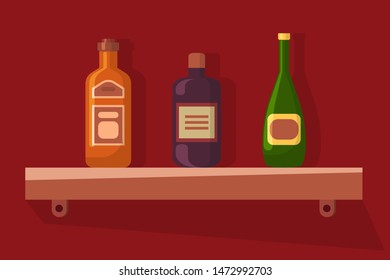 Alcoholic beverages standing on shelf vector, bottles with emblems etiquette. Pub or bar service, drinks alcohol in container glass, celebration and party