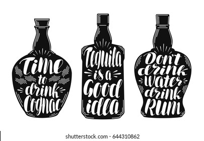 Alcoholic beverages, strong drink label set. Bottle, rum, cognac, tequila icon or logo. Lettering, calligraphy vector illustration