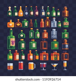 Alcoholic beverages symbols. Alcohol drinks glass. Wine, champagne, cognac, juice and beer mug. Isolated vector illustration collection. Pixel art icons set. 