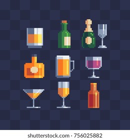 Alcoholic beverages symbols. Wine, champagne, cognac, glass and beer mug. Isolated vector illustration collection. Pixel art icons set. 