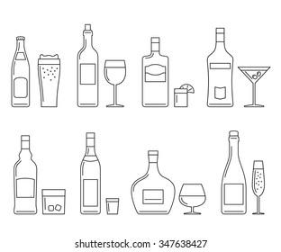 Alcoholic beverages thin line icons on white. Vector line icons of bottles and glasses.