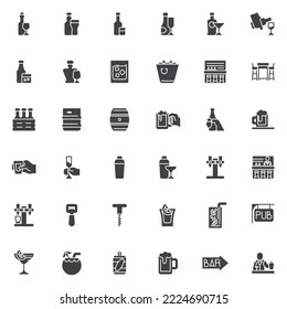 Juego de iconos vectoriales de bebidas alcohólicas, colección moderna de símbolos sólidos, paquete de pictogramas estilo relleno. Señales, ilustración del logotipo. El juego incluye iconos como barman, barra de bar, botella de vino, barril de cerveza, vodka 