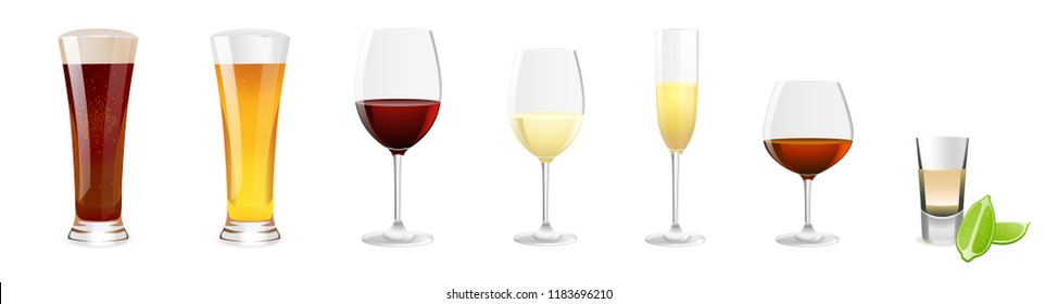 Alcoholic beverages vector set isolated on white background. Illustration with glass of beer, glass red and white wine, champagne for celebration design gift card