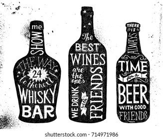 Alcoholic beverages. Whiskey, wine and beer hand drawn lettering set in grunge style. Vector illustration