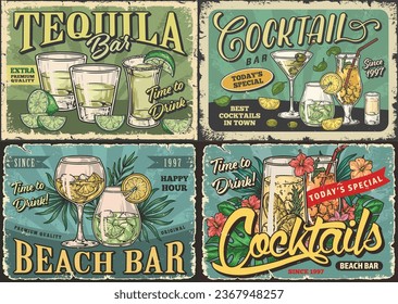 Alcoholic booze colorful set flyers with shots tequila and intoxicating cocktails in glasses with fruit and ice cubes vector illustration