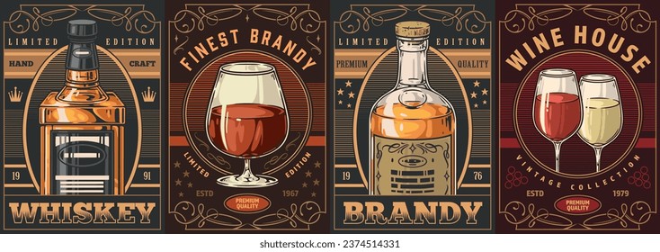 Alcoholic booze colorful set flyers with bottle of whiskey and brandy or glasses with red and white wine vector illustration