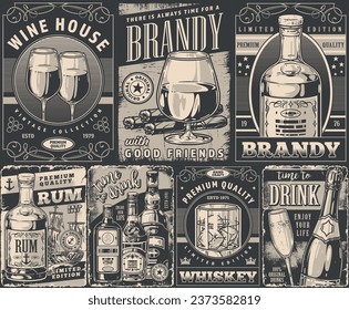 Alcoholic booze monochrome set posters with glasses of wine and brandy or whiskey near bottles rum and champagne vector illustration