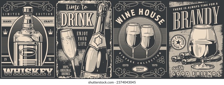 Alcoholic booze monochrome set stickers with bottle whiskey and champagne near glasses with wine and brandy premium quality vector illustration