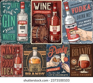 Alcoholic booze set posters colorful with bottles of vodka or gin and brandy with wine for tavern advertising vector illustration