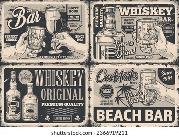 Alcoholic booze set posters monochrome hands people drinking whiskey and wine near bottles for strong drink premium quality vector illustration