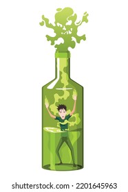 Alcoholic or boozer. Unhappy man standing in green bottle. Young guy with alcohol addiction. Alcoholism concept problem, dependence, bad habit svg