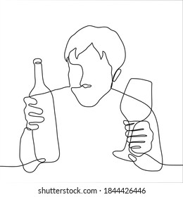 alcoholic with bottle and empty glass. one line drawing of a man about to drink wine or invites to drink wine in his company