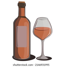 alcoholic bottle of wine wineglass flat vector minimalistic orange wine isolated on white for restorans and bar menu