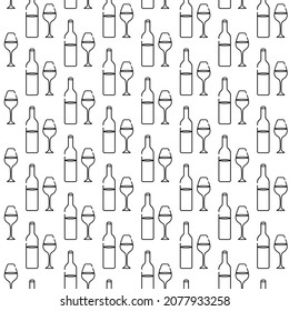 alcoholic bottle of wine wineglass pattern line art vector minimalistic black and white