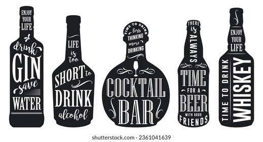 Alcoholic bottles set labels monochrome with silhouettes of intoxicating drinks from gin and tequila or whiskey with beer vector illustration