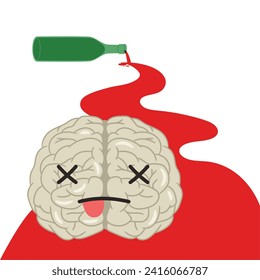 Alcoholic brain in spilled red wine from a bottle. Alcohol abuse concept of alcohol wine illustration of design alcoholism concept bottle of wine vector